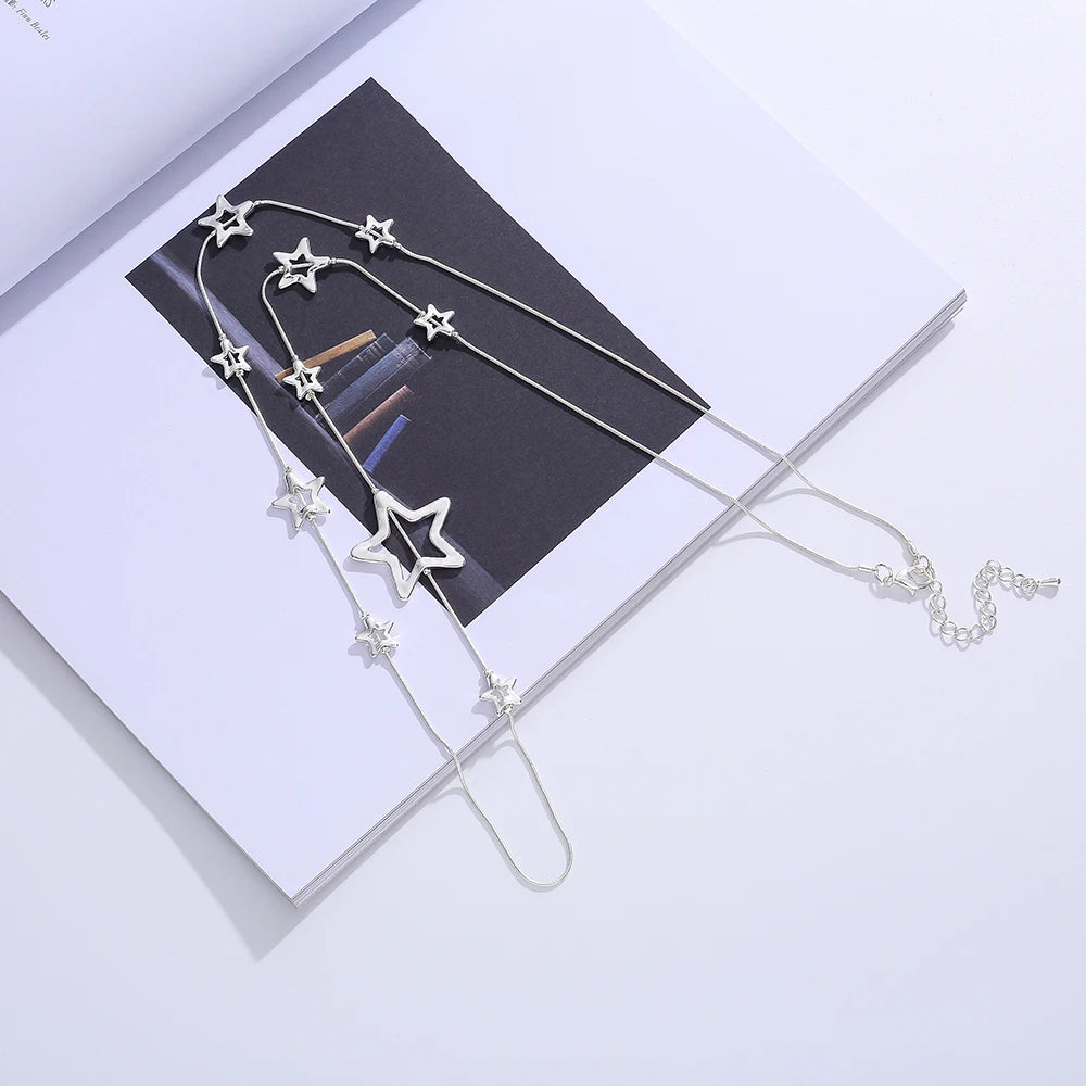 TongLing Necklace Alloy Silver Thin Tiny Strand Five Point Star Shape Rope Women Fashion Sweater Necklace