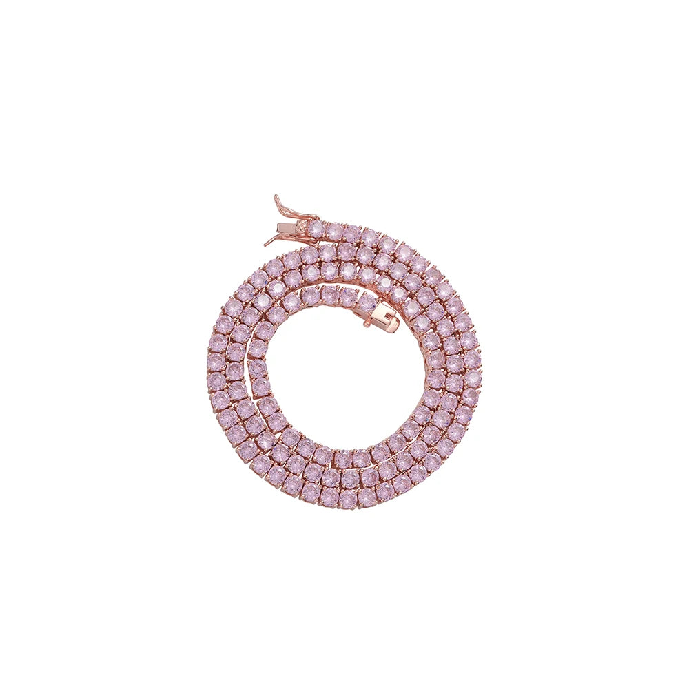 BC201   4mm 16inch 18inch pink Zircon Brass Tennis Chain 1 Row Necklace Hip Hop Bling Jewelry CZ Tennis Chain Iced Out