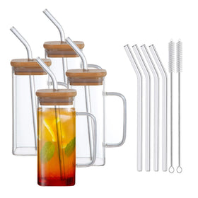 High Borosilicate Glass Tumblers Glass Mug Tumbler Coffee Cup with Glass Straw and Lid Bamboo Straw Can Beverage