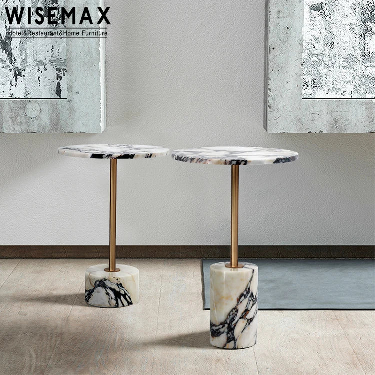 WISEMAX FURNITURE Modern Living Room Furniture Gold Metal Frame Marble Side Table Round Natural Marble Top Coffee Table