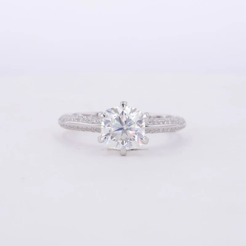 7X7mm Cushion Cut DEF  Moissanite 14k White Gold Engagement Ring with Pave Stones on Band