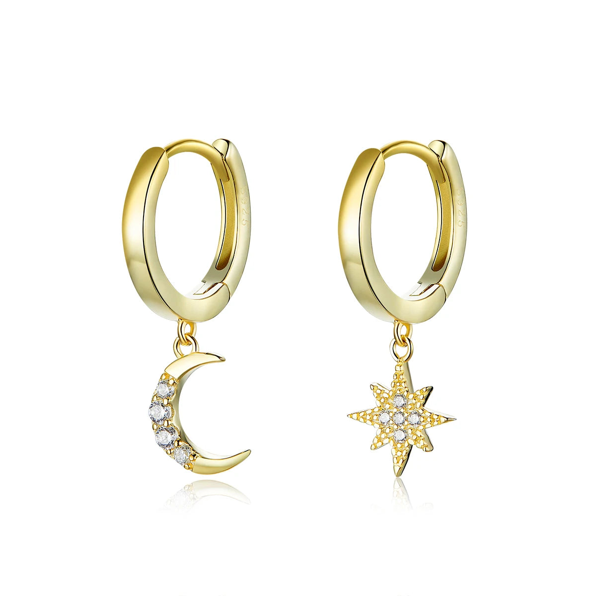 925 Sterling Silver Gold Plated Moon and Star Huggies Dangle Earrings with Charm Celestial Trend Earrings for Women SCE785