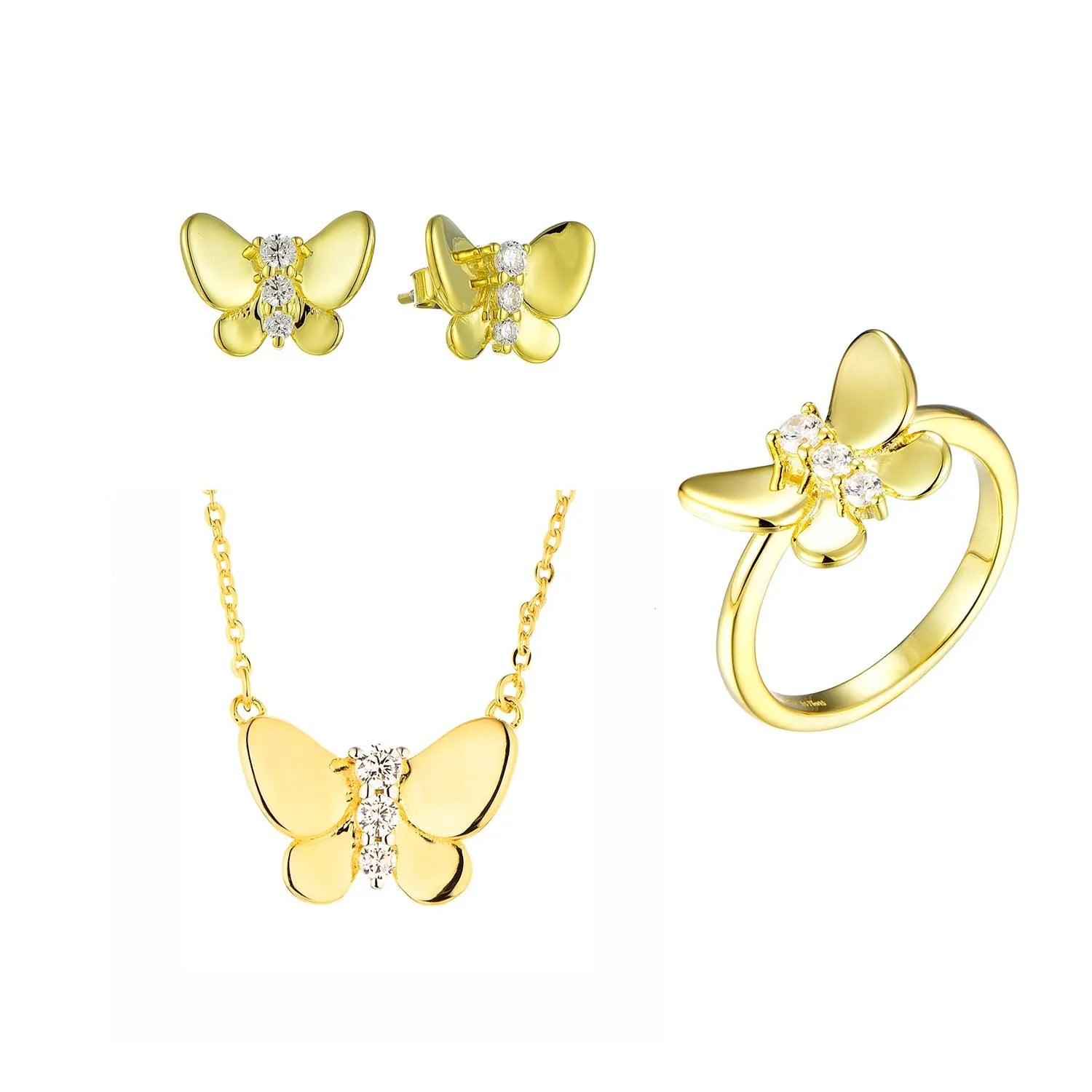 QX Custom OEM Cubic Zirconia 925 Silver 18k Gold Plated Butterfly Rings Earrings Necklace Kids Jewelry Set Women Ladies