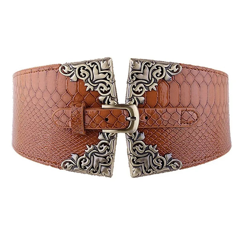 Women Vintage Waist Belt Elastic Pu Stretch Retro Cinch Peacock Print Belt Waistband for Jeans Pants Dresses