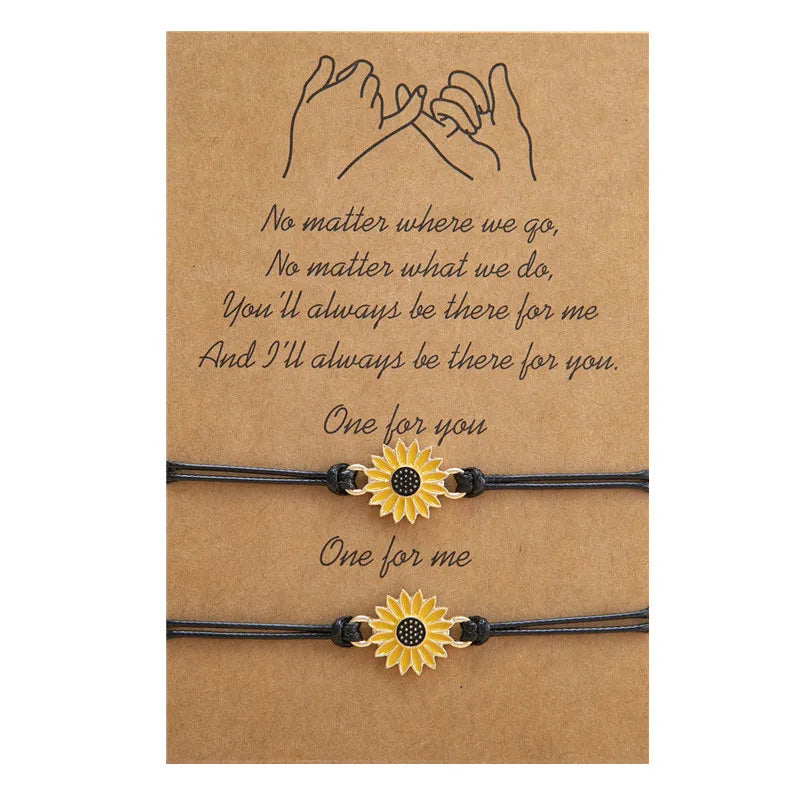 Fashion Friendship Card Two  Piece Jewelry Set Sunflower Heart Lucky Rope Handmade Couple Bracelet Bangle Jewelry