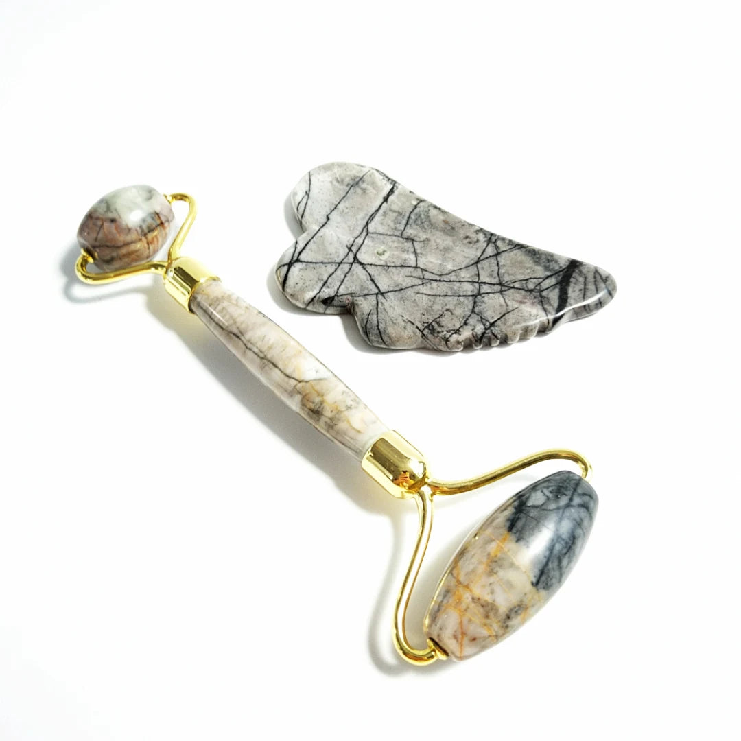 DIY Home use (Gift Set) Picasso jasper Facial Jade Roller - Gua Sha + Travel Pouch & Satin Cloth Kit