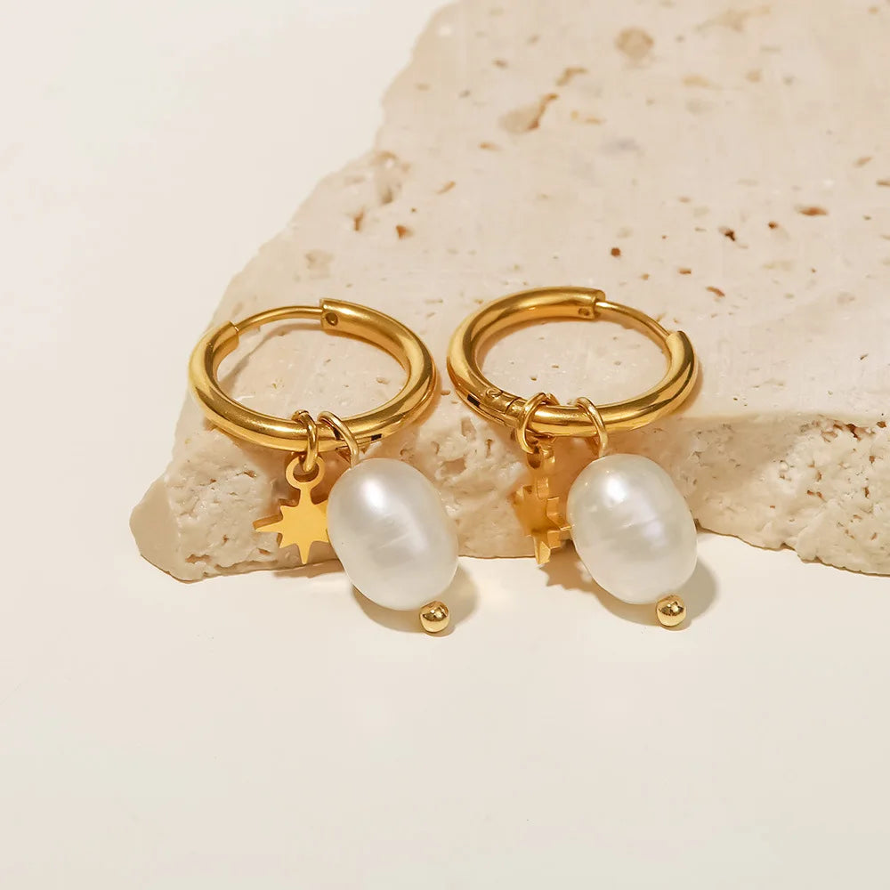 SSeeSY Joyas Star Plated Gold Stainless Steel Freshwater Pearl Fashion Jewelry Hoop Earrings for Women