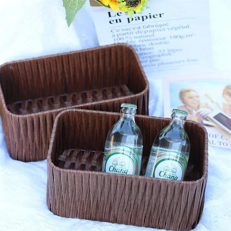 Durable Brown PP Woven Rectangle Storage Basket Handmade Small Household Items Organizer