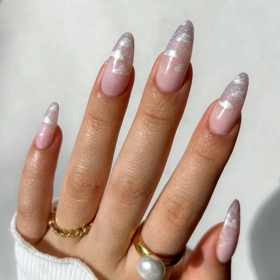 Private Label Reusable Fake Artificial Nails With Cloud Design Wholesale Soft Gel Custom Premium Glitter Shinny Press on Nails