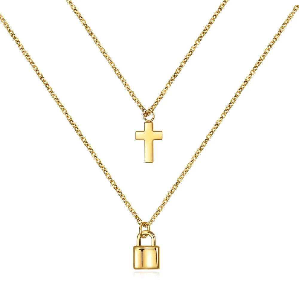 Nabest Stainless Steel Cross and Lock Charm Necklace Minimalist Doubled Layer Necklace Jewelry