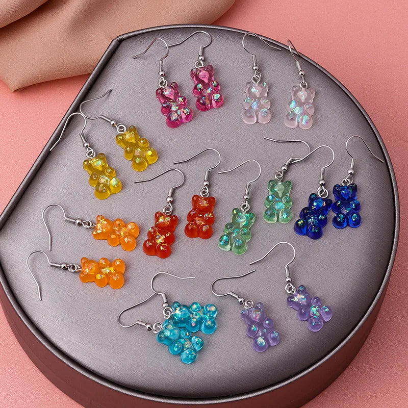 New Fashion Cartoon Colorful Candy Sequins Resin Gummy Bear Drop Earrings for Women Girl