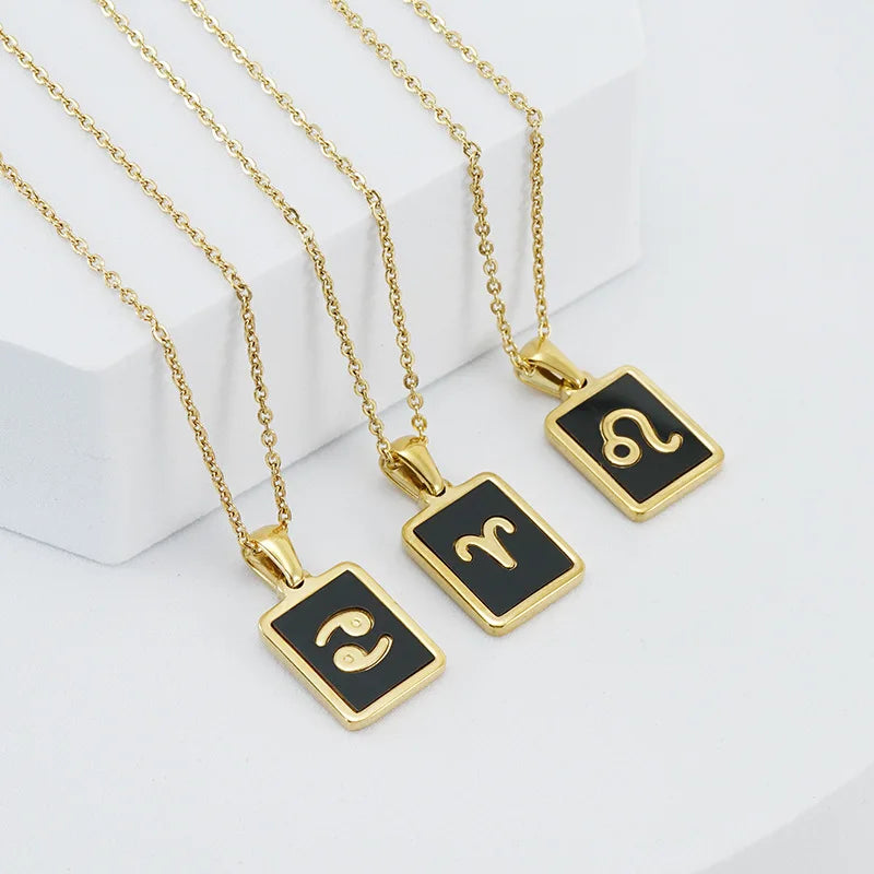 Waterproof Non Tarnish Jewelry 18K Gold Stainless Steel Square Black 12 Zodiac Sign Pendant Necklaces for Gift