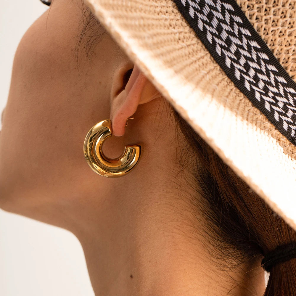 18K Gold Plated Stainless Steel Punk Style Hollow C-shaped Hoop Chunky Earrings for Women