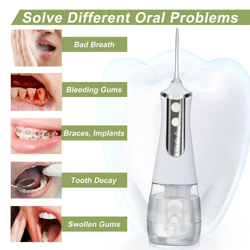 Portable and Rechargeable 350ML Oral Irrigator with Led 3 Adjustable Modes 5 Replaceable Clean Heads 99% Safe Teeth Cleaning Kit