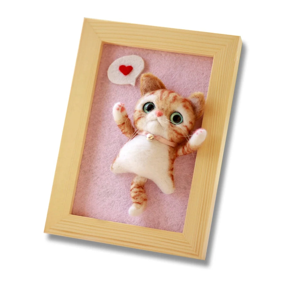 Adorable Wool Felted 3D Orange Cat in Photo Frame Handmade Craft Supplies Home Decor Novelty Gift DIY Animals Needle Felting Kit