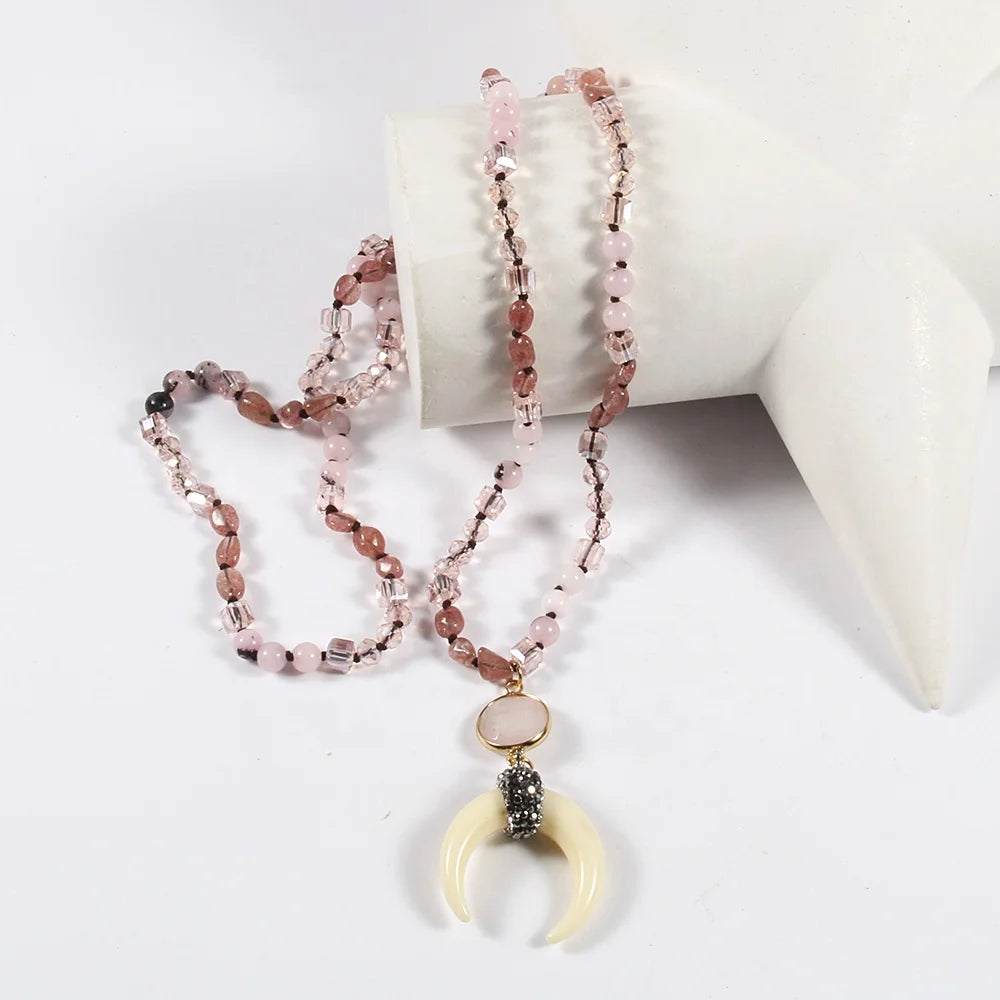 Bohemian Jewelry Women Square Glass Beads Necklace Natural Chip Gemstone Ox Horn Moon Pendant Necklace