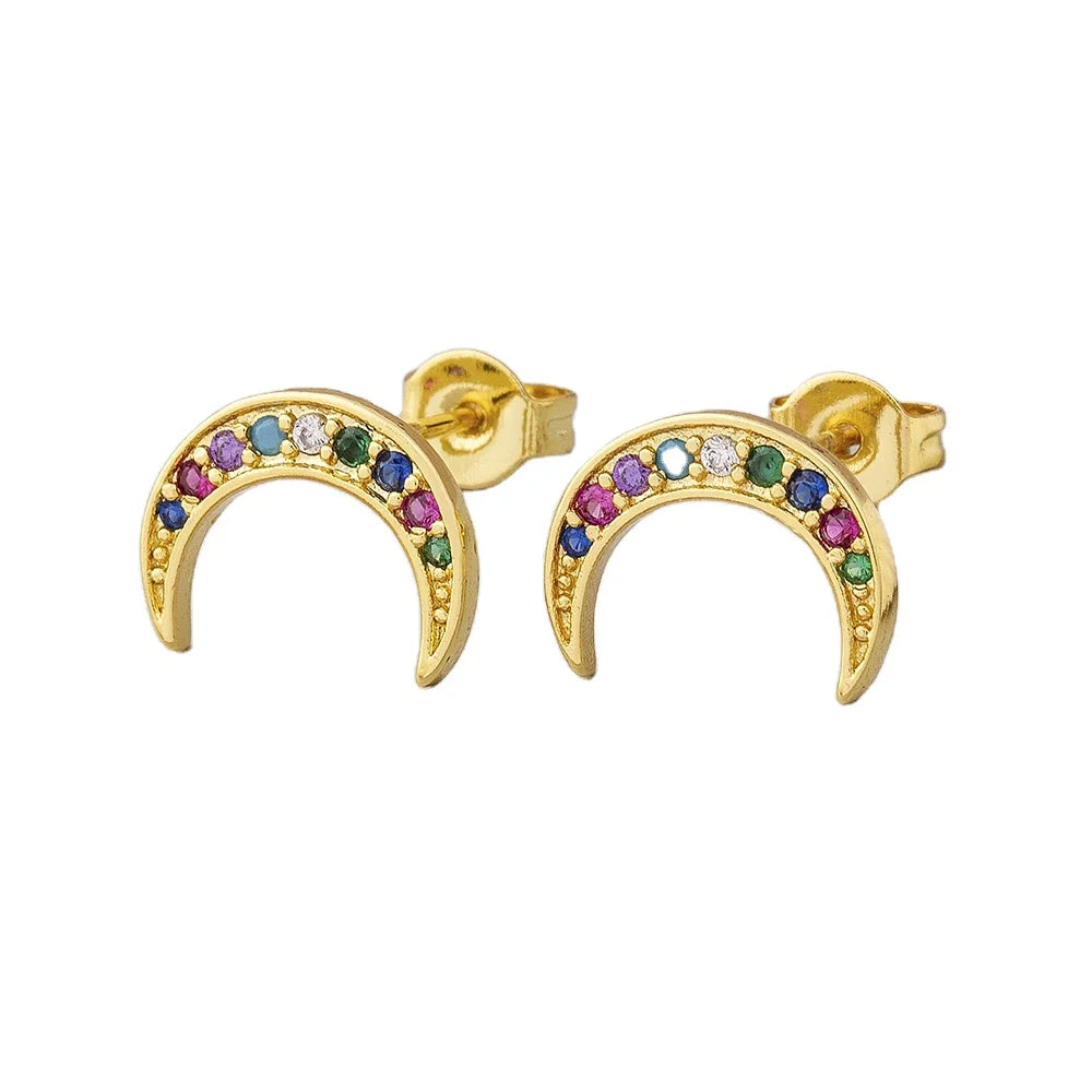 QIKU New Arrivals Moon Shape Colorful Zircon Earrings Female Inlay Crystal Jewelry Accessory Women Engagement Wedding Party Gift
