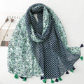 Summer Sunscreen Fresh Green Color-Block Polyester Voile Printed Shawls for Women Lightweight Soft Small Flower Pattern Scarves