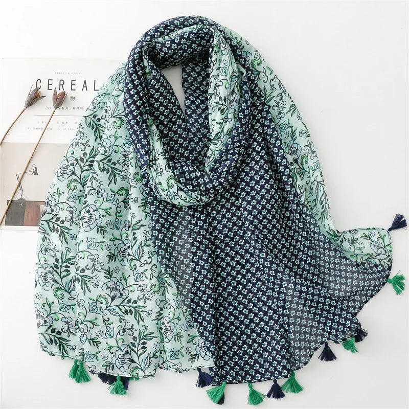 Summer Sunscreen Fresh Green Color-Block Polyester Voile Printed Shawls for Women Lightweight Soft Small Flower Pattern Scarves