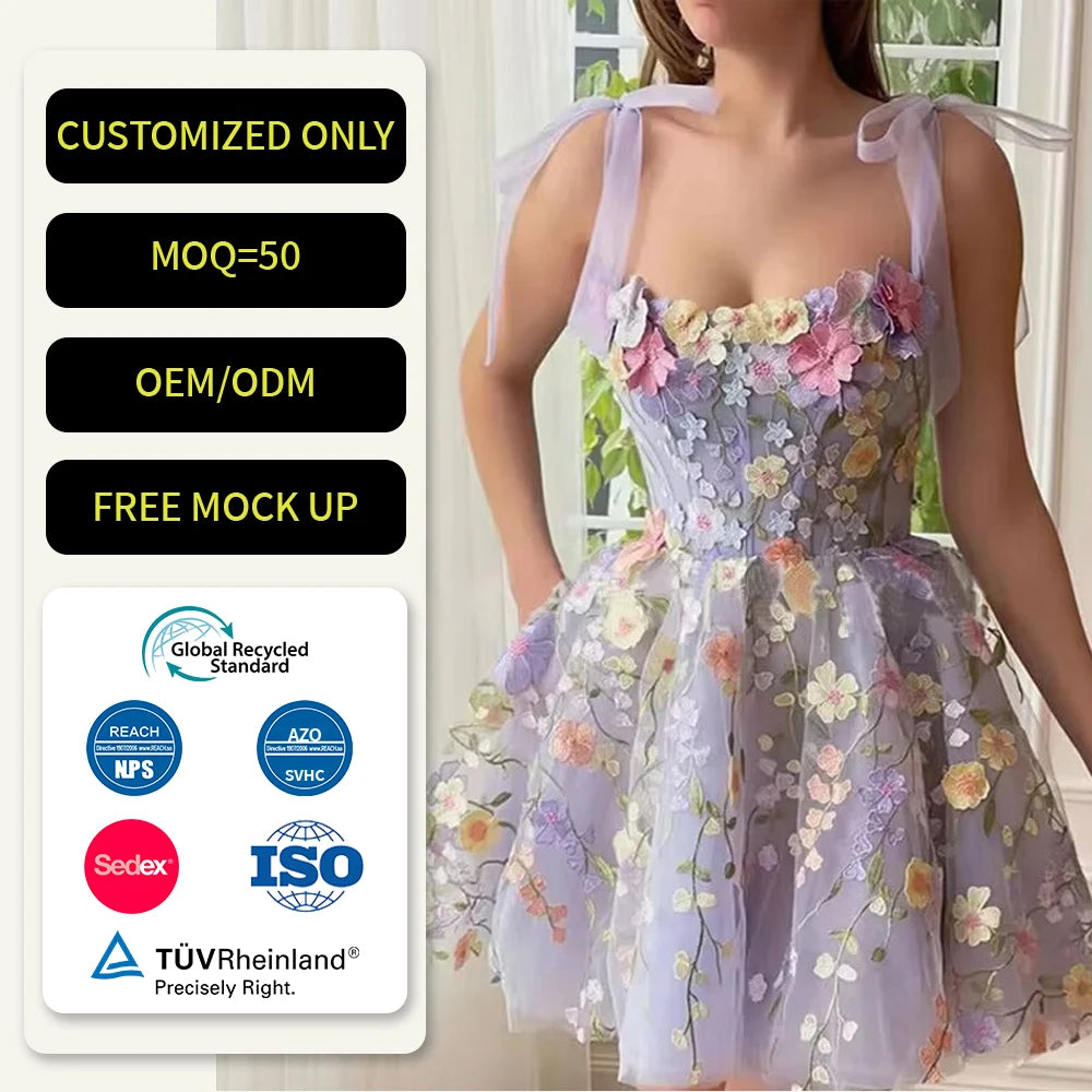 High End Women's Dress Manufacturer Custom Designer Elegant Cottagecore Short Patterns Summer Lace Worested Vacation Dress