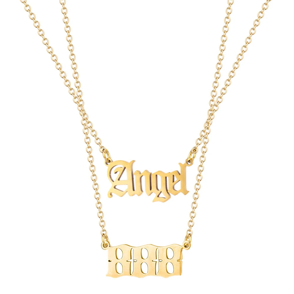 Wholesale Jewelry Silver Gold Color Bulk Figaro Link Stainless Steel Angel Number Necklace