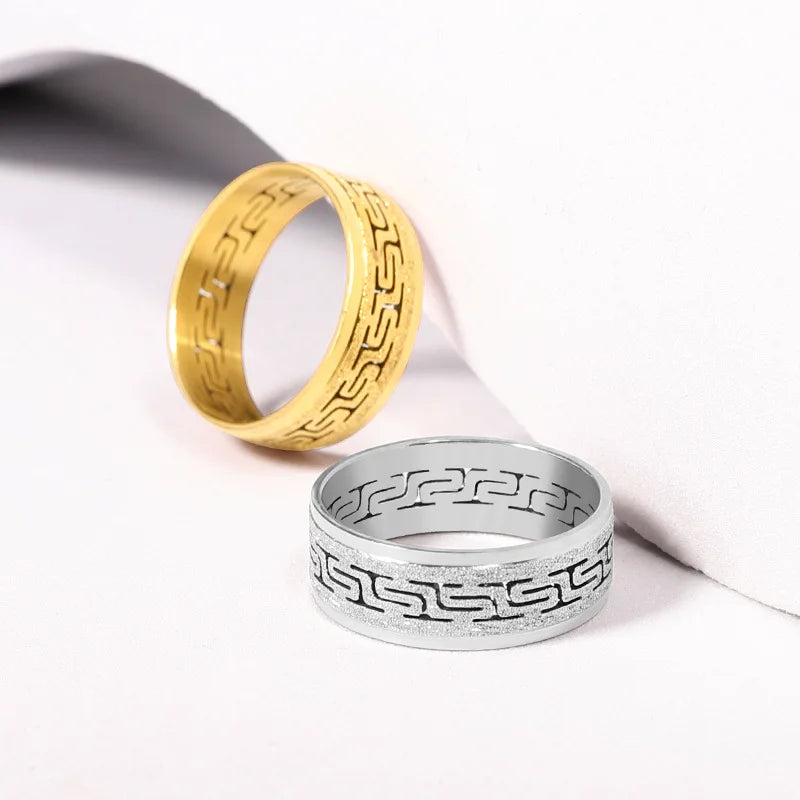 Hollow Out Great Wall Pattern Frosted Stainless Steel Ring New Titanium Couple Ring for Engagement With Main Stone