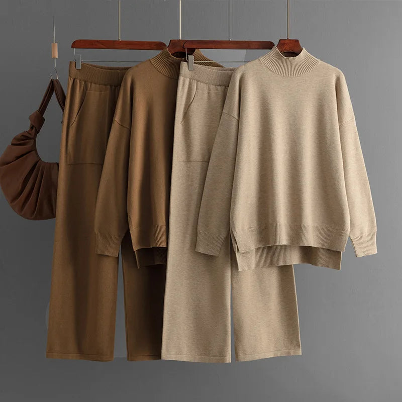 Knitted Two Piece Set Sweater Top Women Elegant Outfit Knit Tops Winter 2 Piece Suit Pant Set Casual Solid Color Loose Knit
