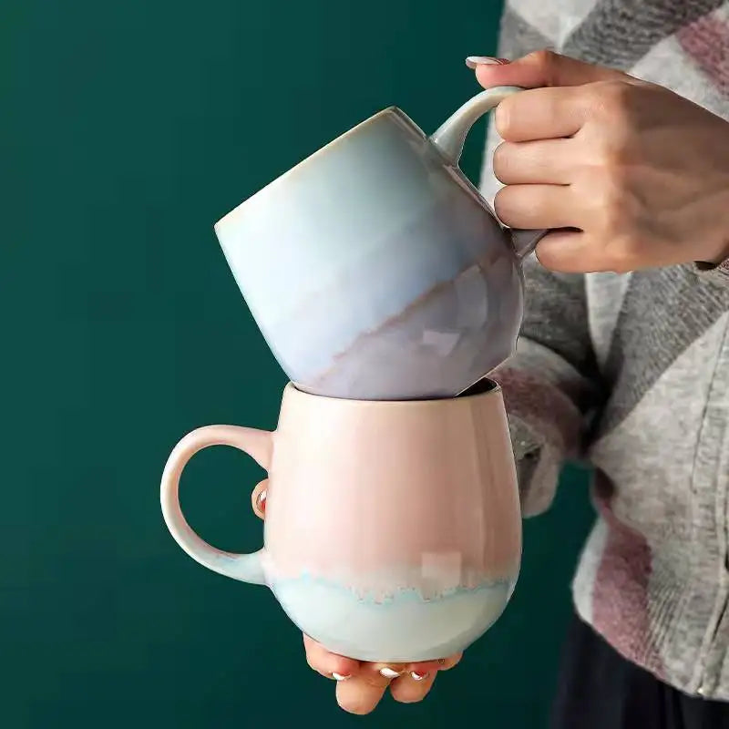 Hot Sale Big Belly Pottery Cups Nordic Style Personalized Kiln Change Ceramic Cup 520ml Couple Water Tea Mug