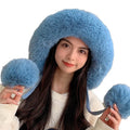 2021 New Winter Fashion Large Hooded Collar Big Three Fur Balls Acrylic Thick Fleece Knitting Hat with 7 Colors