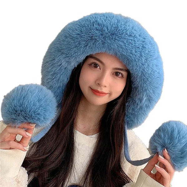 2021 New Winter Fashion Large Hooded Collar Big Three Fur Balls Acrylic Thick Fleece Knitting Hat with 7 Colors