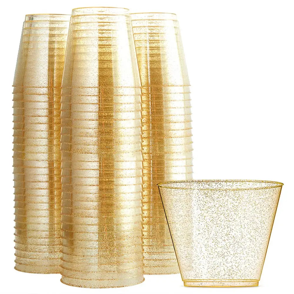 9 oz Heavy Duty Clear Gold Sparkling Glitter Plastic Elegant Fancy Cup for Wedding Party Tumblers Cups with Shiny Dots