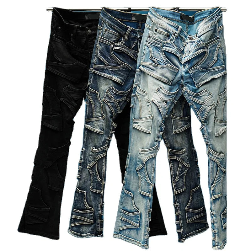 YSJY Manufacturer Custom Vintage Streetwear Pantalones De Hombre Pockets Flare Pant Men Ripped Distressed Stacked Denim Jeans