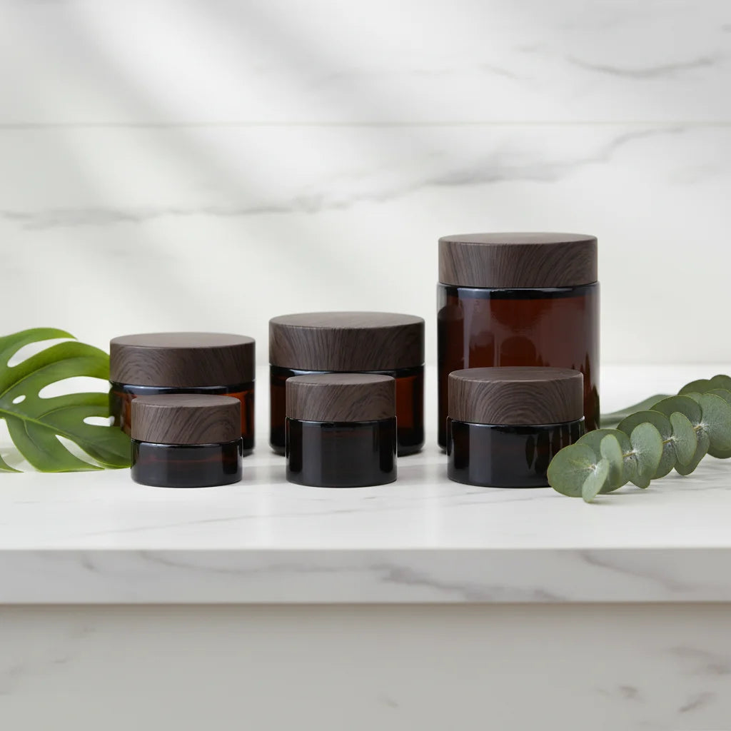 Wholesale Good Quality Fancy Round Amber Container 5g 10g 15g 30g 50g 100g Brown Glass Cosmetic Cream Jar With Wood Grain Lid