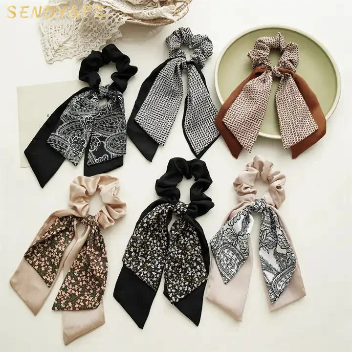 INS Female Hair Scrunchies New Floral Printed Scrunchies Scarf Knotted Hair Scrunchies Pretty Elastic Hair Band