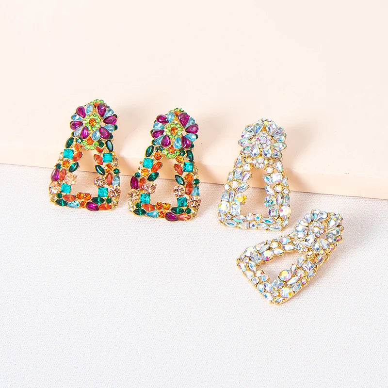 Exaggerated Rhinestone Hollow Fashion Earrings Irregular Colorful Glass Geometric Flower Drop Earrings Women Jewelry