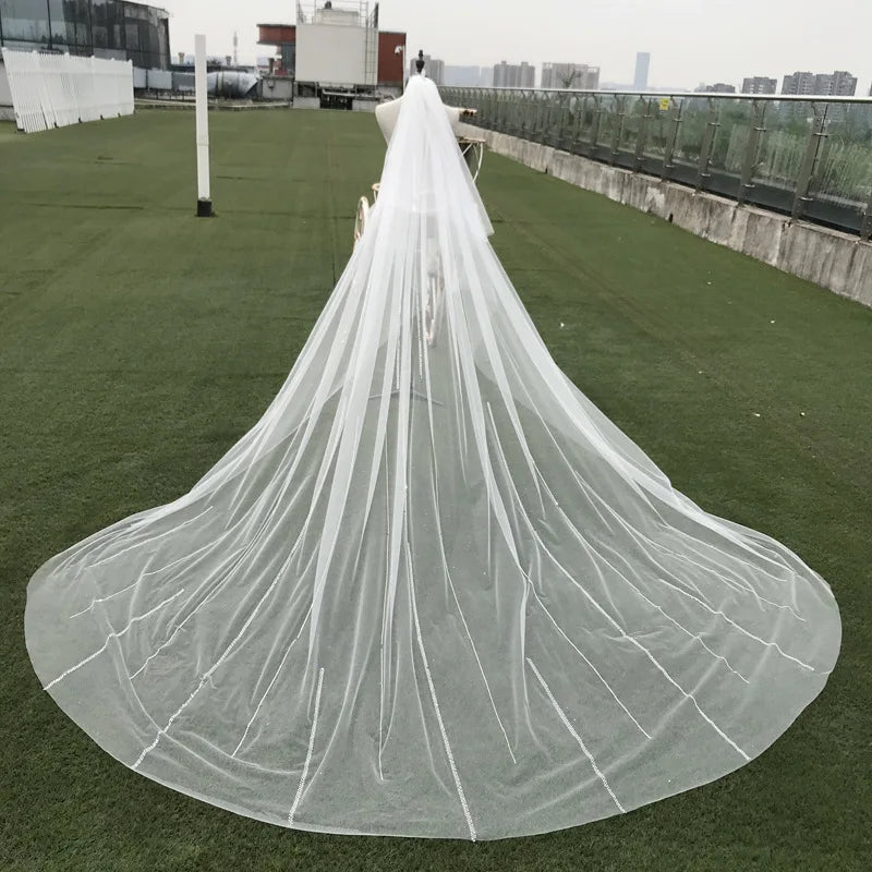 Hot Sale Customizable Length Bridal Veil 4 Meters Long 3 Meters Wide Trailing Stick Drill with Double Hair Comb for Brides