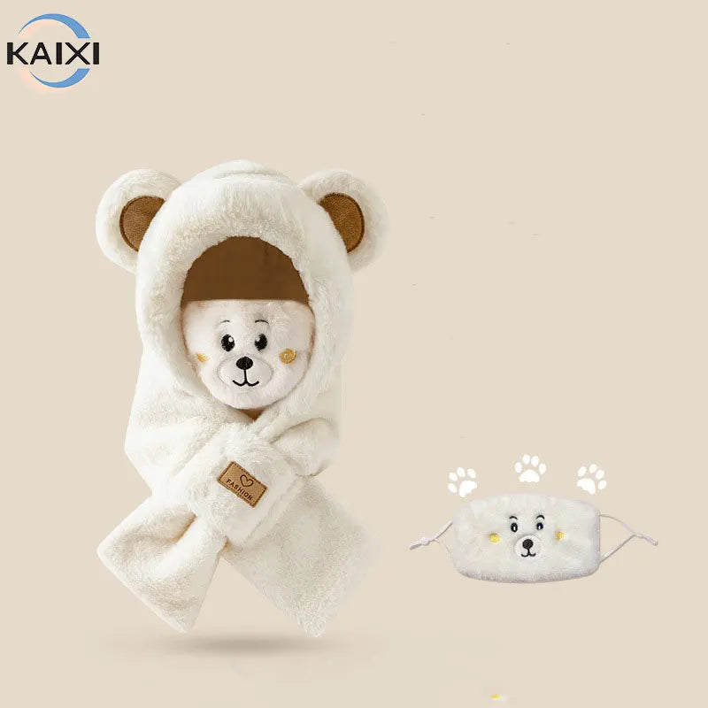 Custom Logo Female Winter Plush Warm Cute Bear Design Hood Warm Ear Scarf and Mask Plush Cold-Proof Beanie for Women Travel
