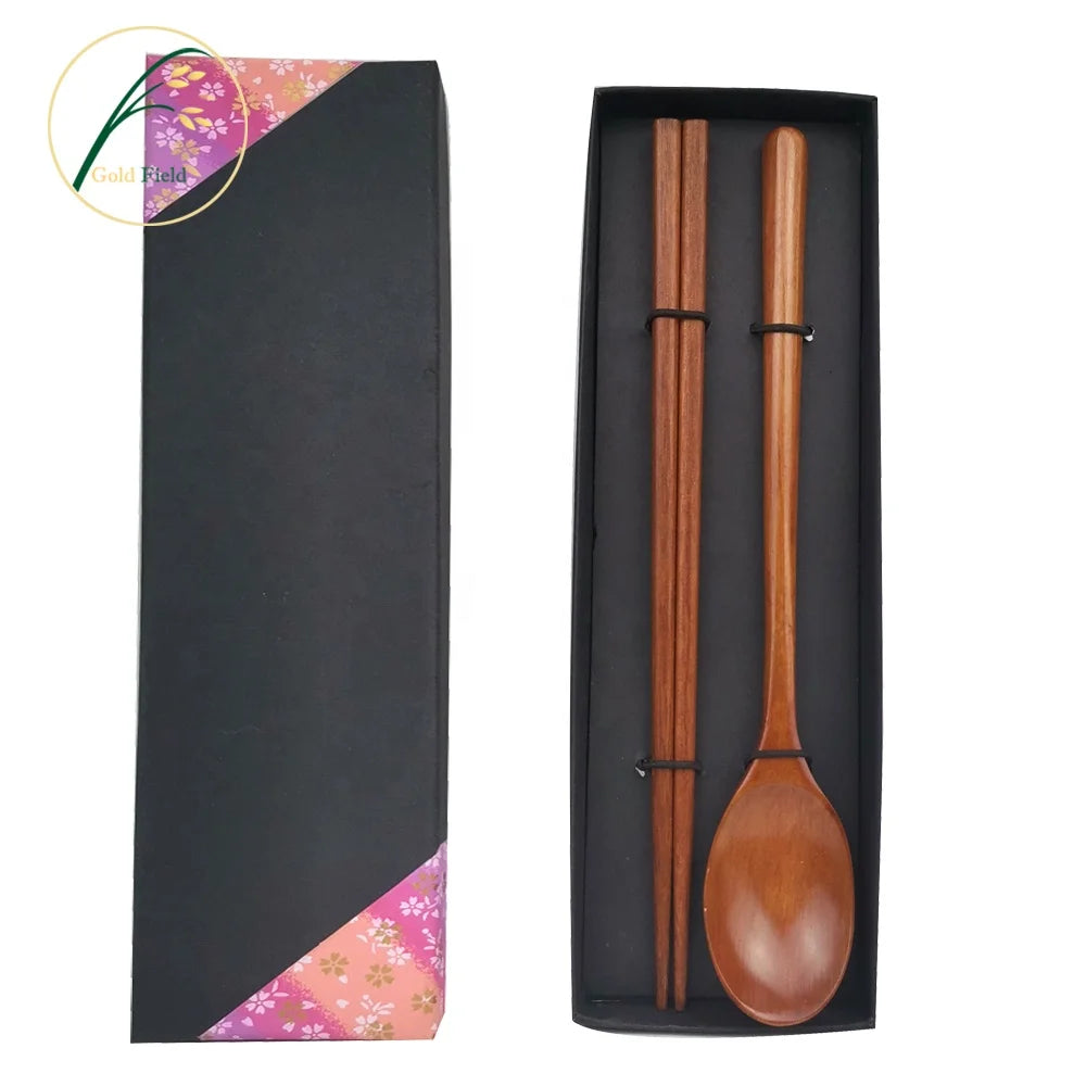Natural Japanese Korean Wooden Vintage Travel Cutlery Set with Spoon Chopsticks Fork-Reusable