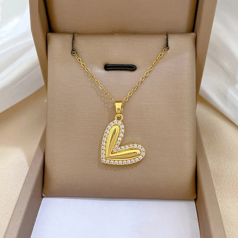 Collar De Acero Inoxidable 18K Gold Plated Stainless Steel Zircon Heart Pendant Necklace for Women Non Fade Jewelry