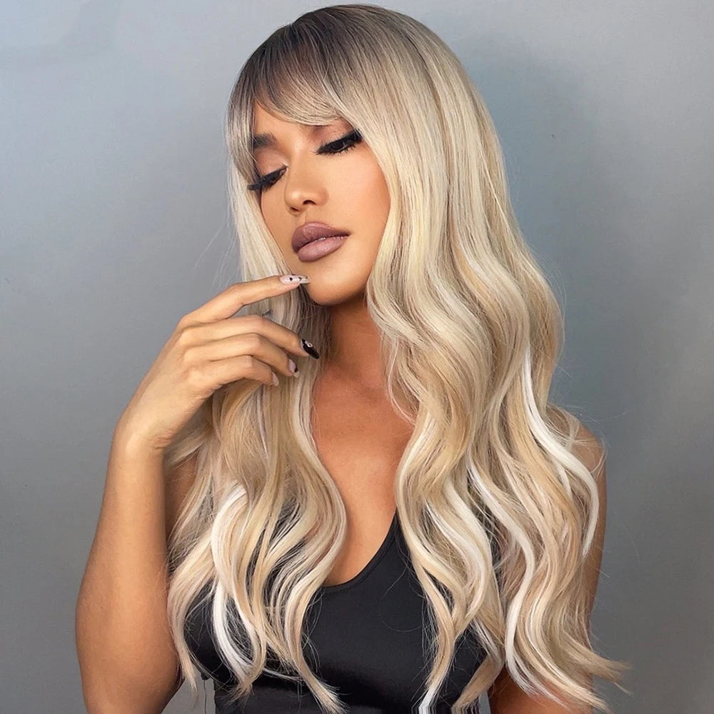 Long Loose Wave Synthetic Wigs Black Brown Blonde Wigs Full Bangs Heat Resistant Wigs for African American Women