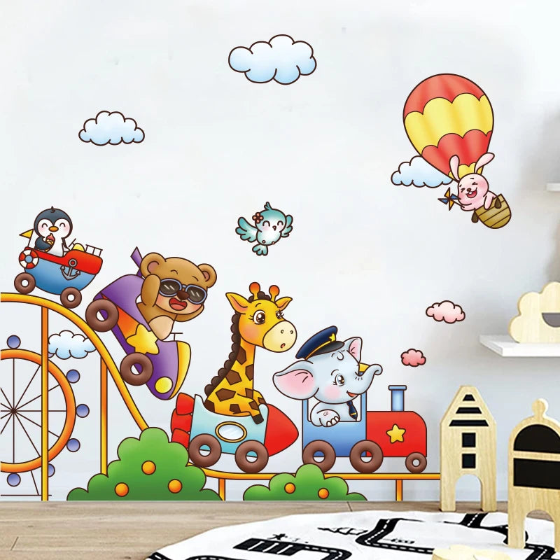 Self-adhesive New Design Cartoon Animal Train Pvc Wall Sticker for Kids Bedroom Nursery School Decoration