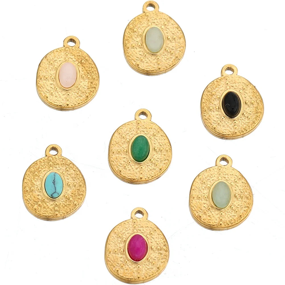 5Pcs Stainless Steel Oval Natural Stone Base Charms Pendants for DIY Jewelry Makings Necklace Accessories Bracelet