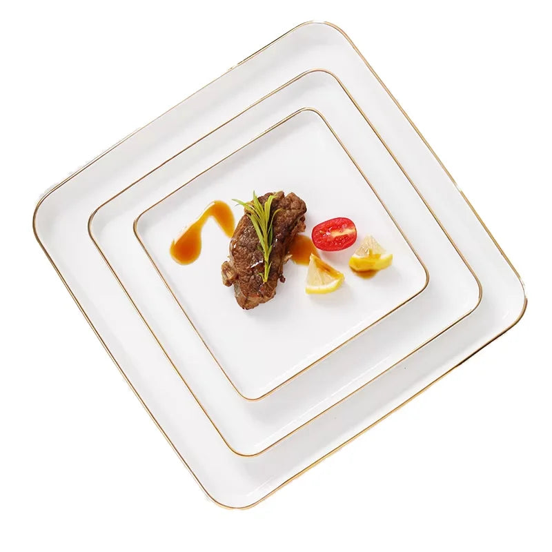 Gold Edge White Ceramic Plate Dish Steak Plate Minimalist Restaurant Square Western Food Dining Plate