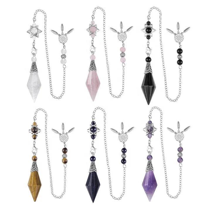 Natural Crystal Stone Double Pointed Faceted Pendantmerkaba Dream Catcher Chain Ornamentscone Reiki Pendant Pendulum Jewelry