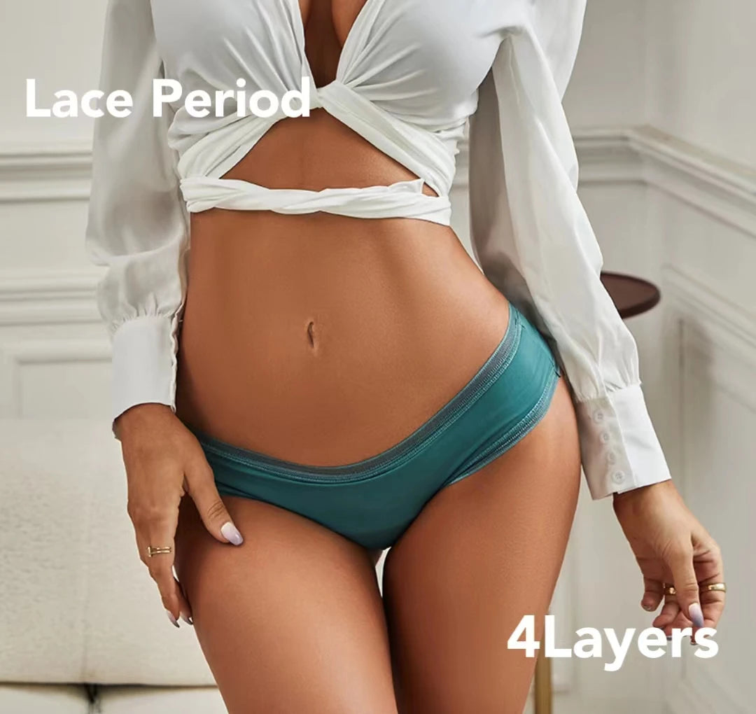 Low Waist Thong Styles Lace Waistband Period Panties Washable Fabric Menstrual Underwear 4 Layer Leakproof Menstrual Panties