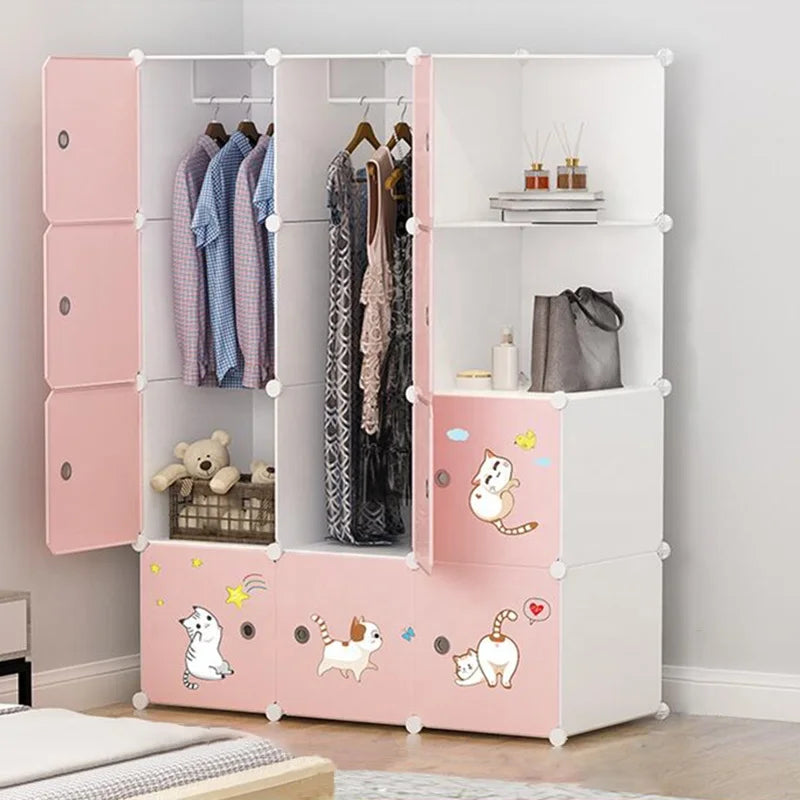 Top Fashion Foldable Plastic Storage Cabinet White-Pink Color Hanging Box Portable Wardrobe for Closet for Workshop Living Room