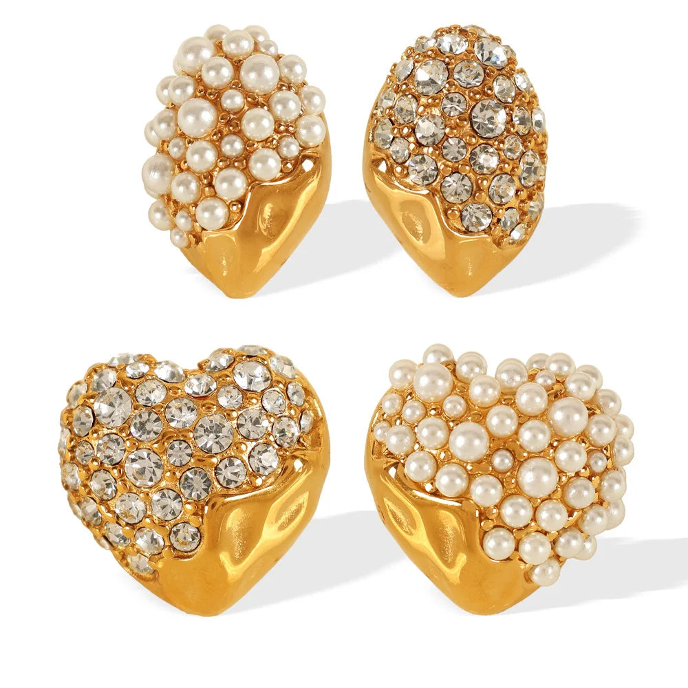 New Fashion Luxury Custom 18k Gold Plated Geometric Stainless Steel Artificial Pearl Full With Diamond Stud Earrings Women