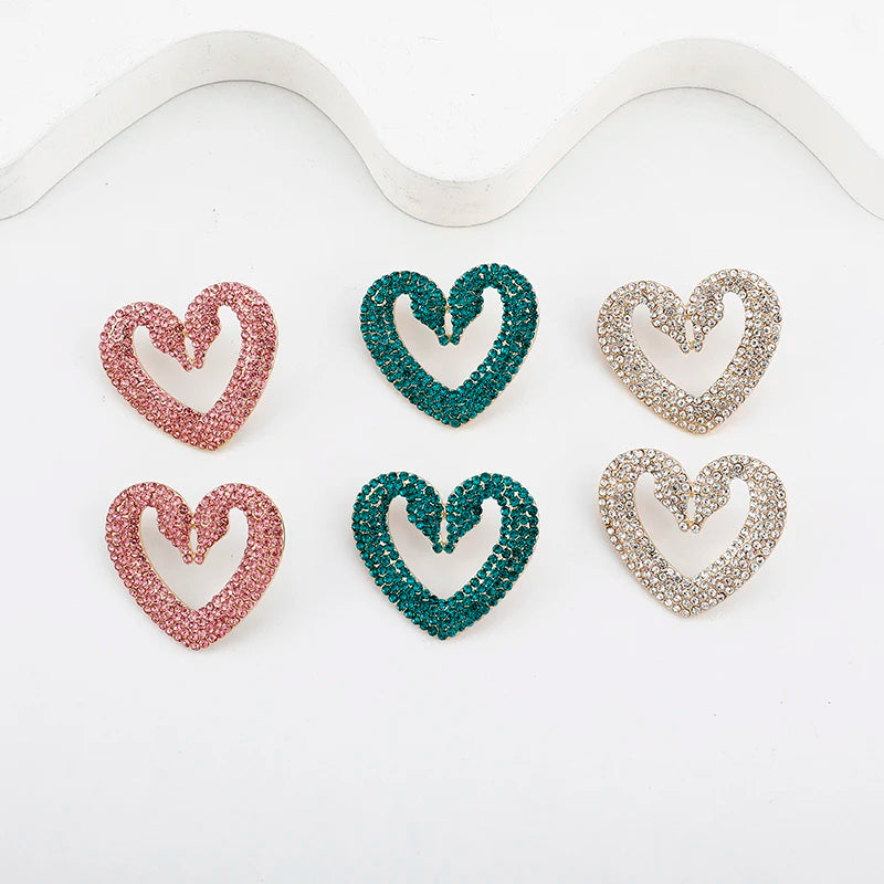 Fashion Red Glass Heart Stud Earrings Mixed Color Hollow Rhinestone Love Heart Drop Earrings for Girl