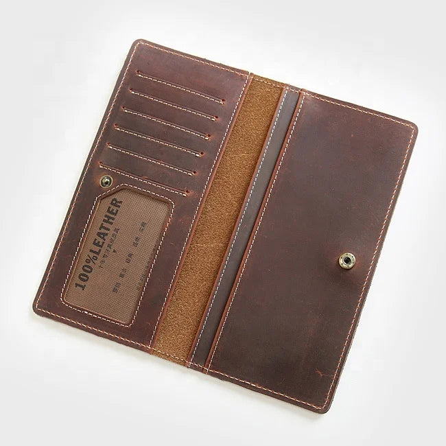 100% Pure Genuine Crazy Horse Leather Long Wallet for Men