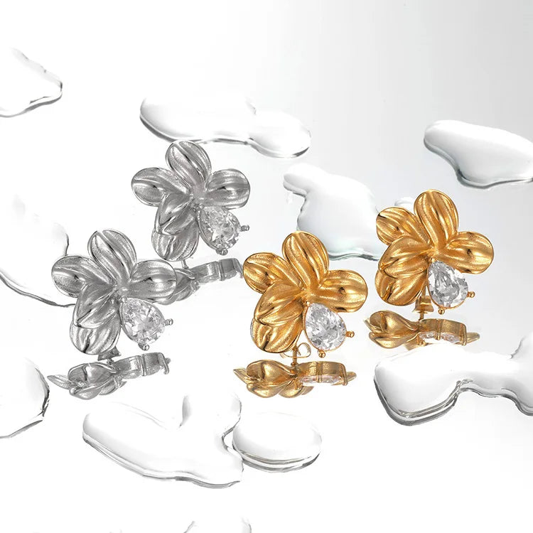 18K Gold Plated Colorful Zircon Hypoallergenic Stainless Steel Flowers Drop Earrings Fashion Jewelry for Girls